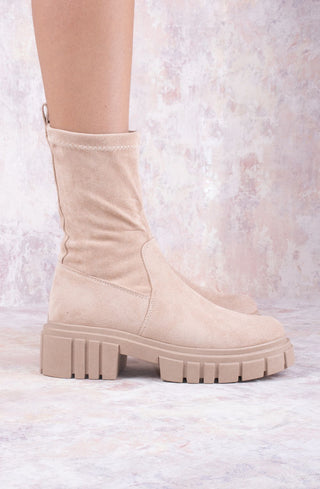 Beige Faux Suede Ankle Sock Boot