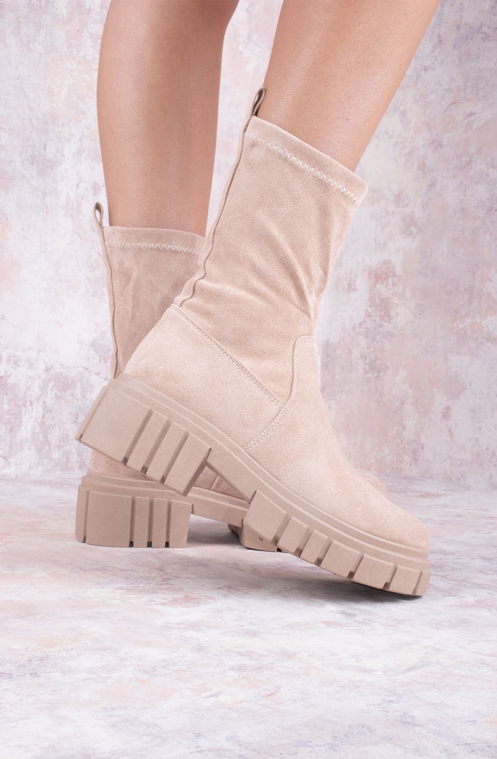 Beige Faux Suede Ankle Sock Boot