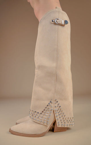 Beige Faux Suede Buckle Knee High Studded Shark Boots