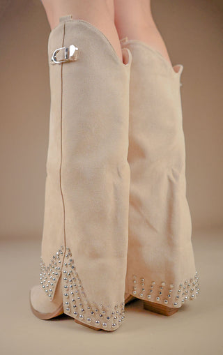 Beige Faux Suede Buckle Knee High Studded Shark Boots