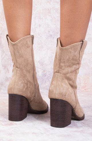 Beige Faux Suede Embroidered Western Pointed Toe Cowboy Boots