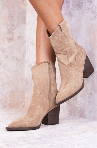 Beige Faux Suede Embroidered Western Pointed Toe Cowboy Boots