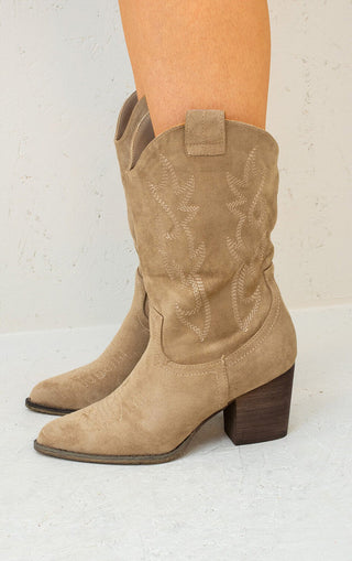 Beige Faux Suede Embroidered Western Pointed Toe Mid Calf Cowboy Boots