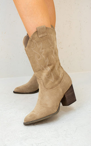 Beige Faux Suede Embroidered Western Pointed Toe Mid Calf Cowboy Boots