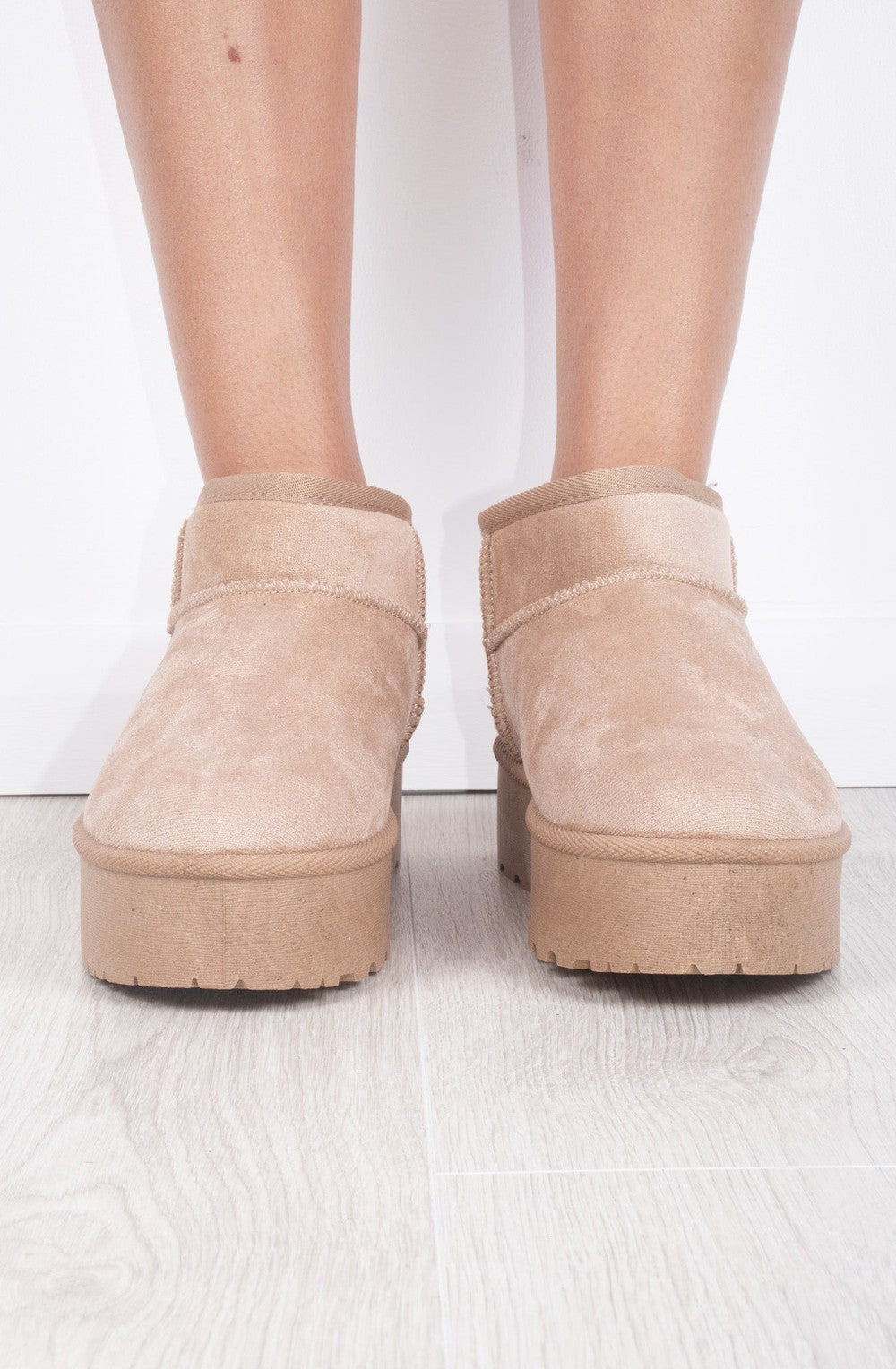 Platform Boot Bottom View Women's Beige Faux Suede Ultra Mini Ankle Ribbed Sole Platform Boots ...