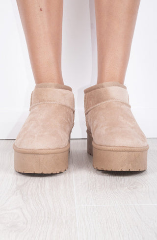 Beige Faux Suede Ultra Mini Ankle Ribbed Sole Platform Boots