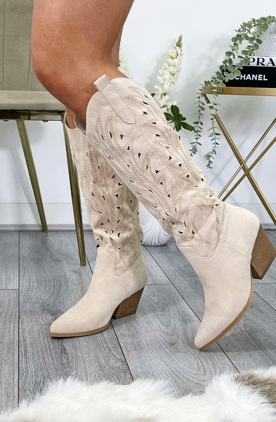 Ladies Curved Heel Beige Faux Suede Western Style Knee High Cut Out Cowboy Boot Miss Moda Luxe