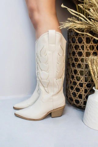 Beige Knee High Length PU Cowboy Boot