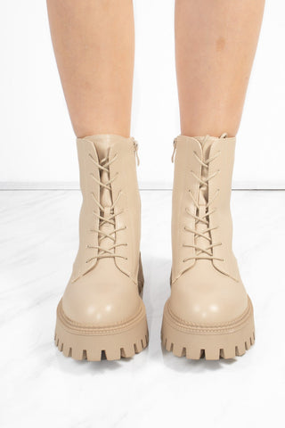 Beige Lace Up Chunky Short Platform Ankle Boots