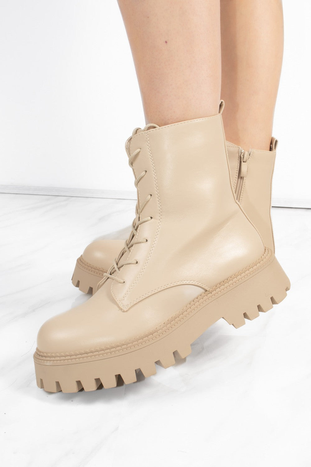 Beige Lace Up Chunky Short Platform Ankle Boots