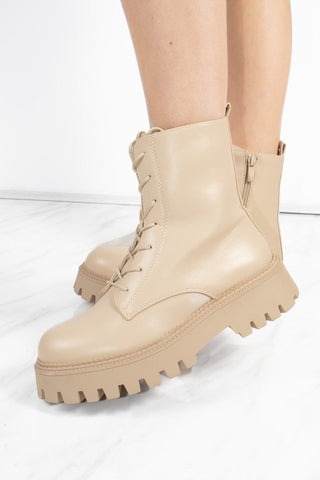 Beige Lace Up Chunky Short Platform Ankle Boots