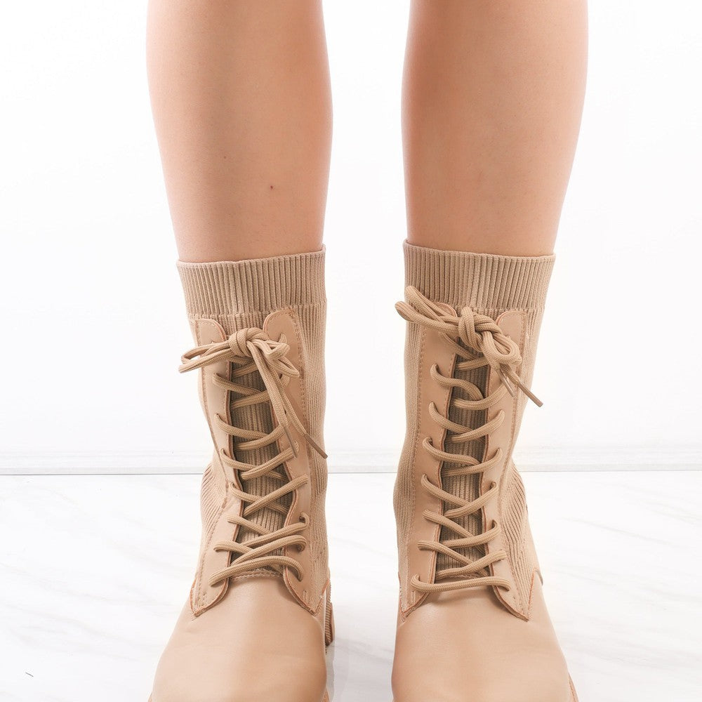 
                      
                        Beige Lace Up Faux Leather Sock Boots
                      
                    