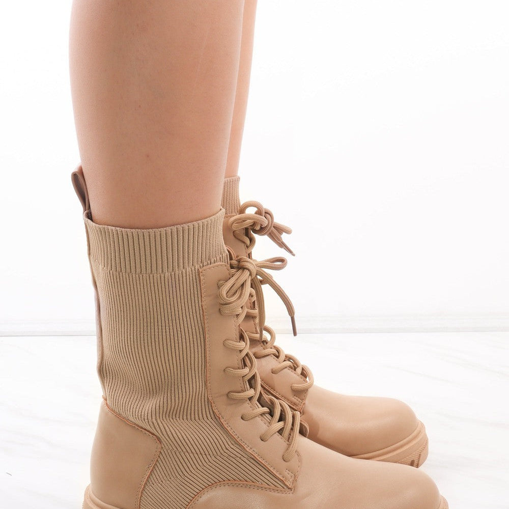 
                      
                        Beige Lace Up Faux Leather Sock Boots
                      
                    