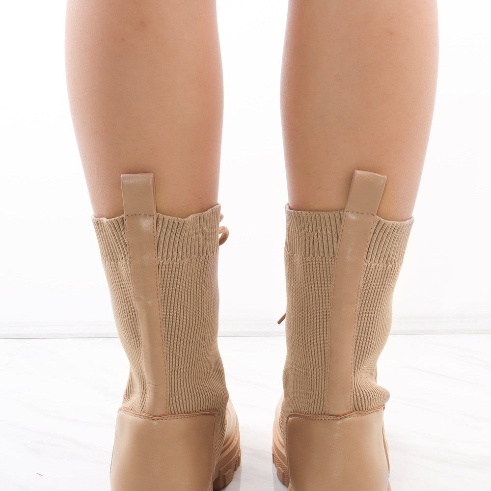 
                      
                        Beige Lace Up Faux Leather Sock Boots
                      
                    