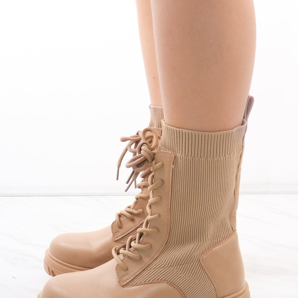 
                      
                        Beige Lace Up Faux Leather Sock Boots
                      
                    