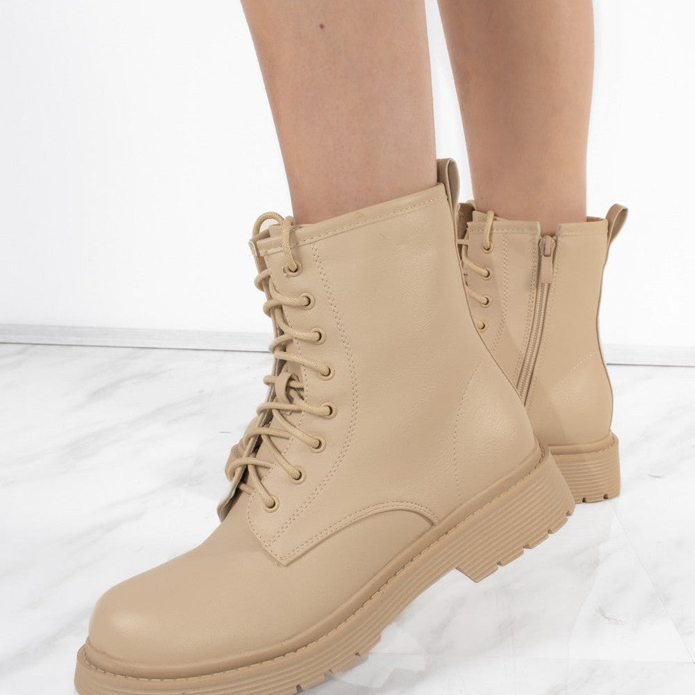 Beige Lace Up Short Chelsea Platform Ankle Boots