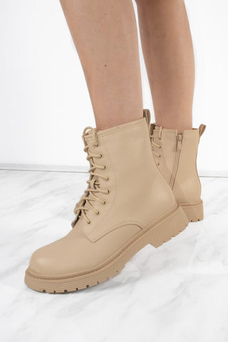 Beige Lace Up Short Chelsea Platform Ankle Boots