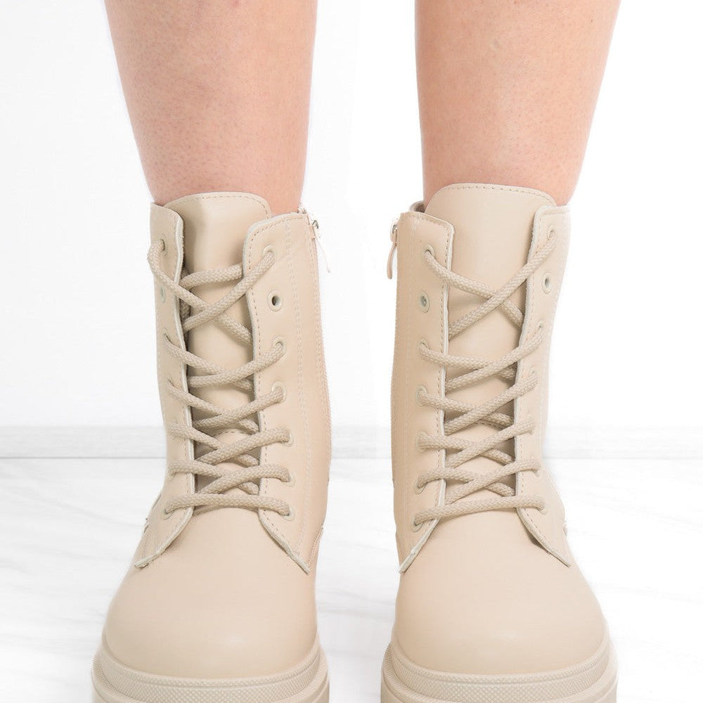 
                      
                        Beige Matte Faux Leather Side Zip Lace Up Boot
                      
                    