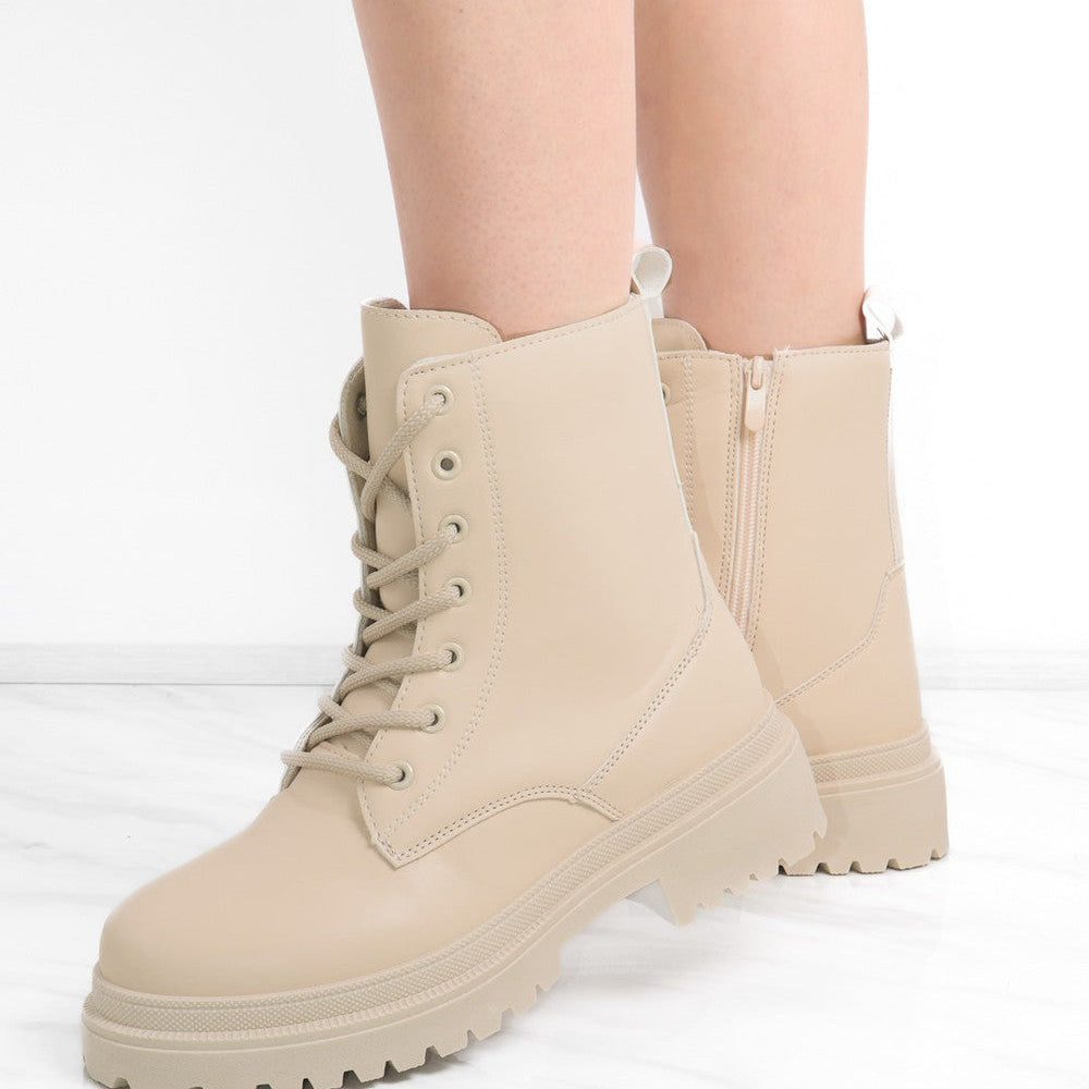 
                      
                        Beige Matte Faux Leather Side Zip Lace Up Boot
                      
                    