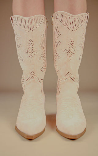 Beige Mesh Pattern Detail Mid Calf Faux Suede Cowboy Boots