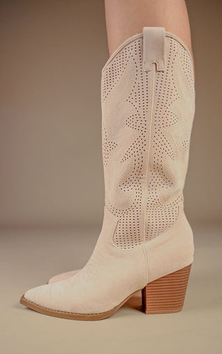 Beige Mesh Pattern Detail Mid Calf Faux Suede Cowboy Boots