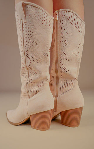 Beige Mesh Pattern Detail Mid Calf Faux Suede Cowboy Boots