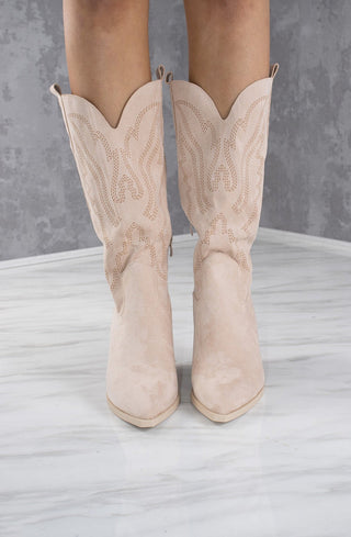 Beige Mid Calf Almond Toe Embroidered Cowboy Boot