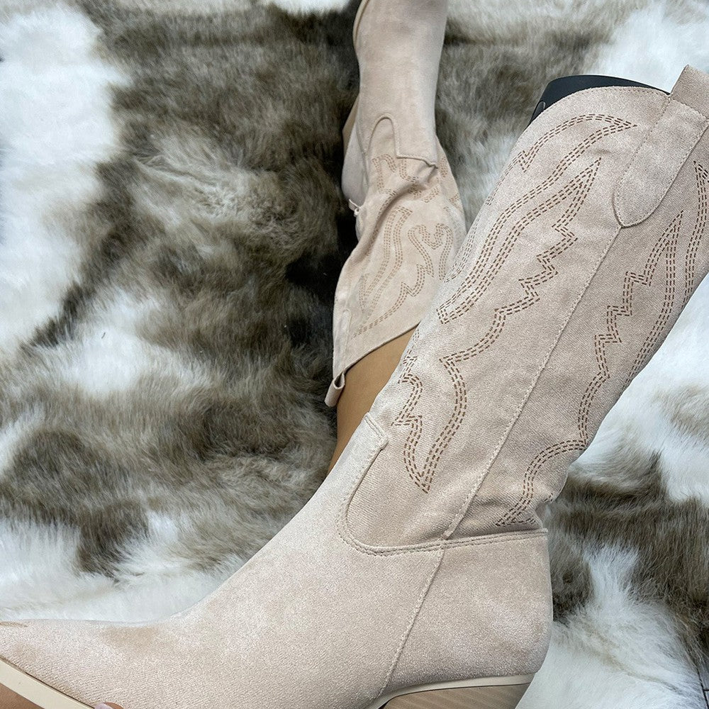 Beige Mid Calf Almond Toe Embroidered Cowboy Boot