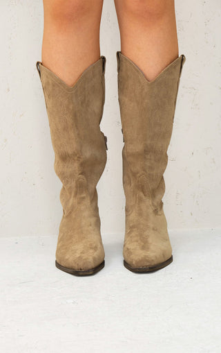 Beige Mid Calf Embroidered Faux Suede Cowboy Boots