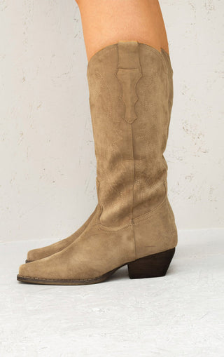 Beige Mid Calf Embroidered Faux Suede Cowboy Boots