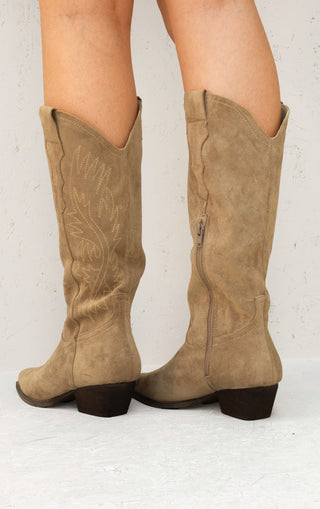 Beige Mid Calf Embroidered Faux Suede Cowboy Boots