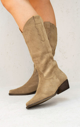 Beige Mid Calf Embroidered Faux Suede Cowboy Boots