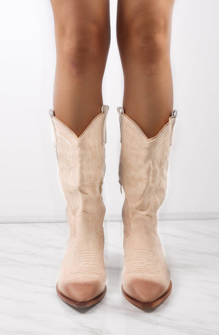 Beige Mid Calf Embroidery Faux Suede Cowboy Boot