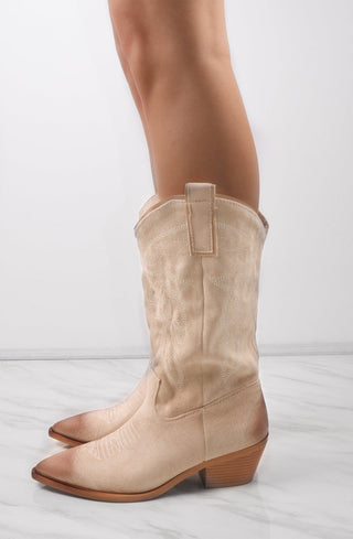 Beige Mid Calf Embroidery Faux Suede Cowboy Boot