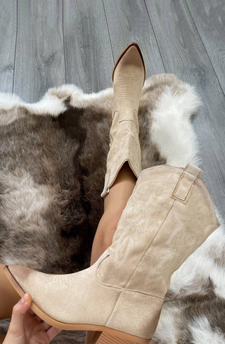 Beige Mid Calf Embroidery Faux Suede Cowboy Boot