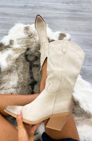 Beige Mid Calf High Toe Detail Cowboy Boot