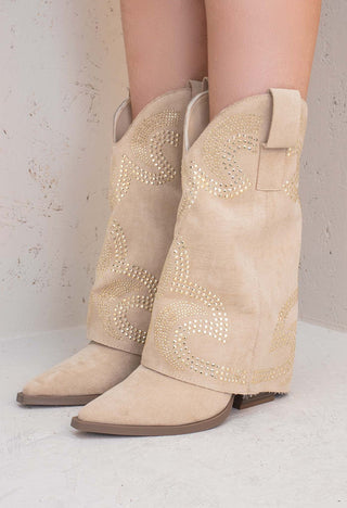 Beige Mid Length Diamante Western Shark Boot