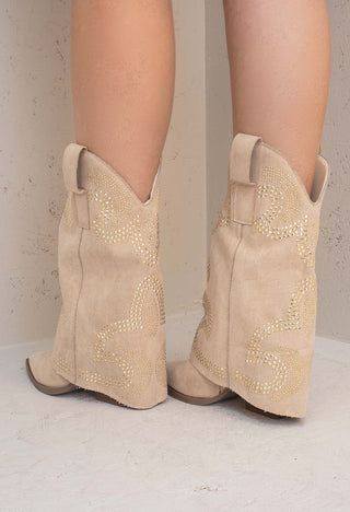 Beige Mid Length Diamante Western Shark Boot