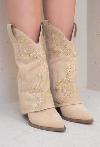 Beige Mid Length Diamante Western Shark Boot