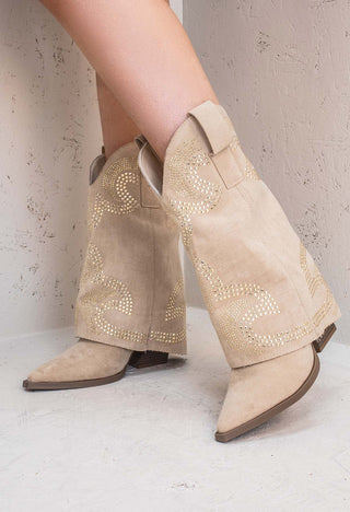 Beige Mid Length Diamante Western Shark Boot