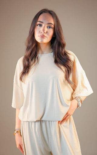 Beige Oversized Ribbed T-Shirt & Straight Leg Trouser Co-Ord Set