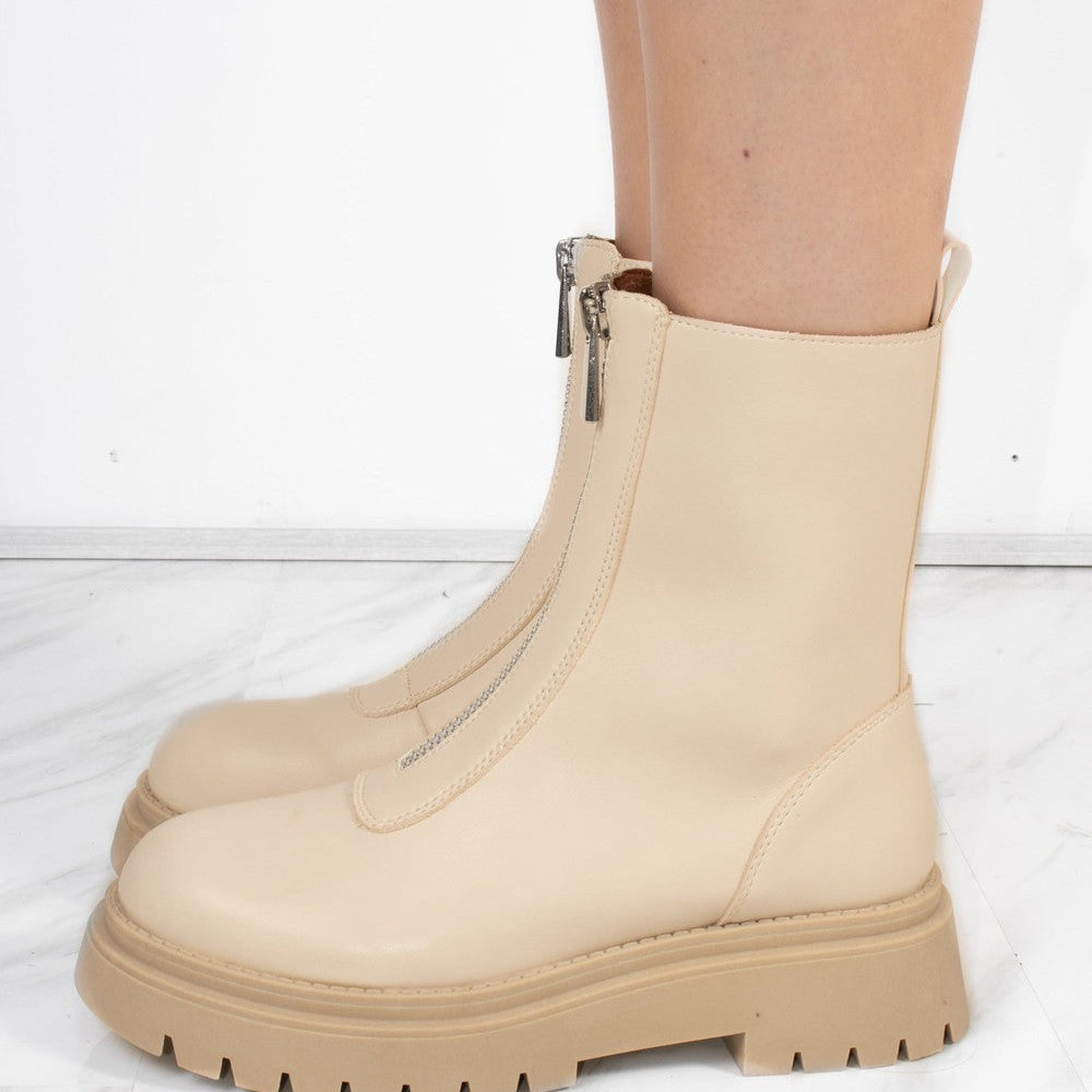 
                      
                        Beige PU Double Cleated Sole Zip Front Ankle Boots
                      
                    