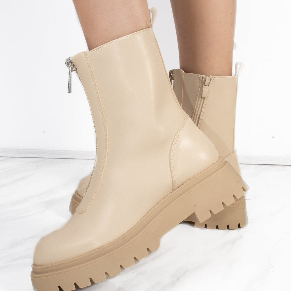 Beige PU Double Cleated Sole Zip Front Ankle Boots