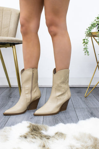 Beige PU Leather Cowboy Ankle Boots