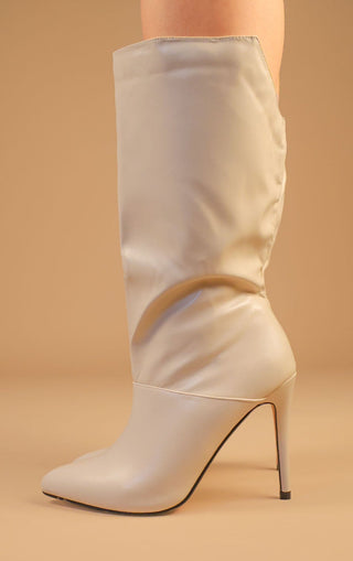 Beige PU Leather Stiletto Heel Mid Calf Boots