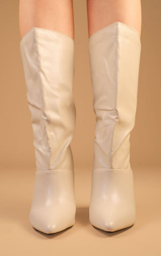 Beige PU Leather Stiletto Heel Mid Calf Boots