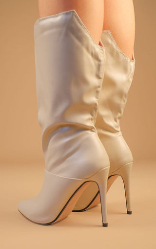 Beige PU Leather Stiletto Heel Mid Calf Boots