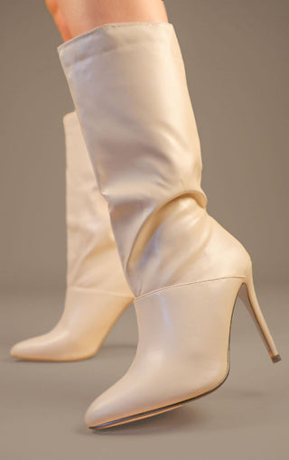 Beige PU Leather Mid Calf High Stiletto Heel Boots