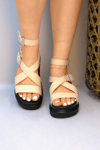 Beige Platform Buckle Strap Gladiator Strappy Sandal