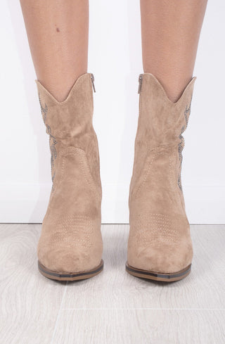 Beige Rhinestone Suede Cowboy Ankle Boots